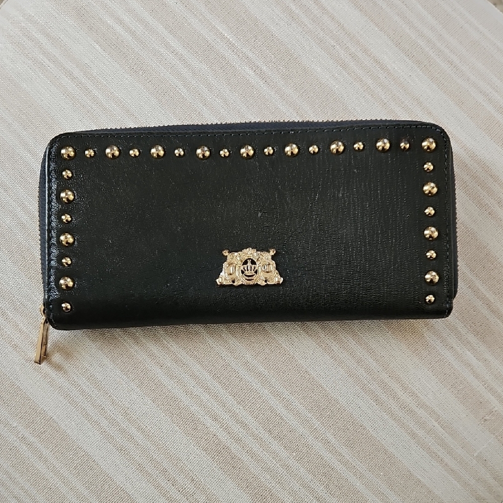 Juicy Couture Vintage Gold Studded Dark Green Leather Zip- Around Wallet
